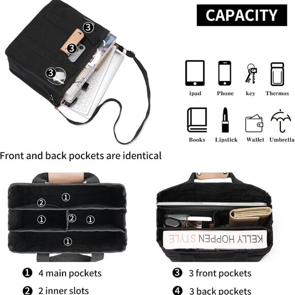 Canvas Tote Bag Women Large Multi Pockets Crossbody Shoulder Work Purse - Picture 2 of 6